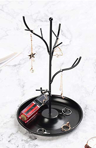 ChezMax Jewelry Display Necklace Earring Organizer Holder Metal Birds Tree Stand with Tray Antique Bracelet Rings Rack Tower Decoration for Women Girl Black 9.4 Inch - color: C-black