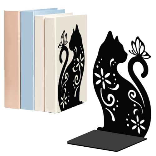 WADORN Cat Flowers Metal Bookends for Shelves Decorative 1 Pair, Animal Heavy Duty Books End Support Non-Skid Book Holder Black L-Shaped Book Stopper for Home Office Desk Book Divider, 4.7x3.5x7 Inch - color: Floral Cat