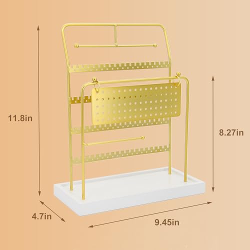 Jewelry Organizer Stand Metal Jewelry Display Rack with Wooden Tray Necklace Stand Partitioned Storage for Rings, Earrings and Bracelets Jewelry Rack(Gold) - color: Gold-White Tray