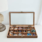MOOCA Wooden Jewelry Display and Beads Display Storage Case with Tempered Glass Lid , 18 Compartments, 15" W x 8 3/8" L x 2 1/8" H, Brown Color - color: Brown