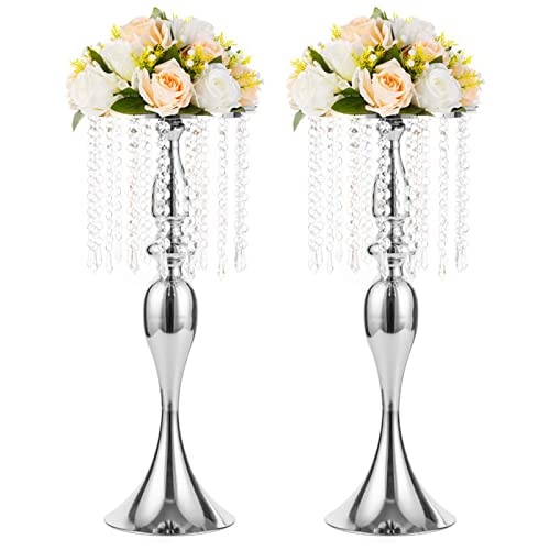 2 Pcs 21.3 inches Tall Crystal Metal Vase Wedding Road Lead Flower Holders Centerpiece Crystal Flower Chandelier Metal Flower Vase for Reception Tables Wedding Supplies - color: Silver, size: 2 x L