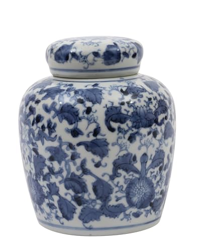 Creative Co-Op Blue & White Ceramic Ginger Jar with Lid - color: Blue & White, size: 6.5" High