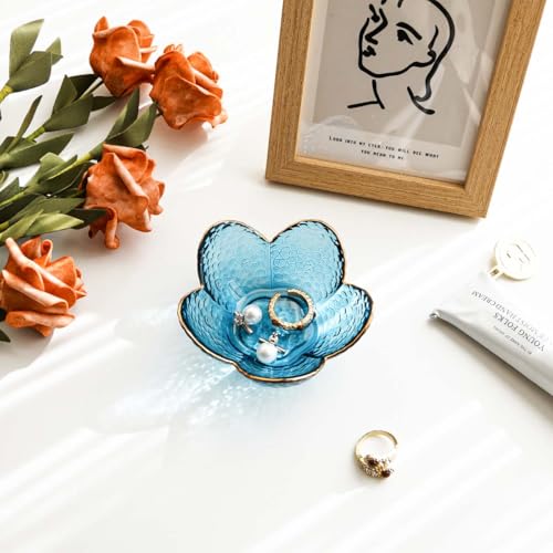 Gifts for Women Flower Ring Dish Jewelry Tray,Glass Trinket Dish Bathroom Room Decor Trinket Dish Valentine's Friendship Christmas Birthday Gifts for Women (Sea Blue) - color: Sea Blue
