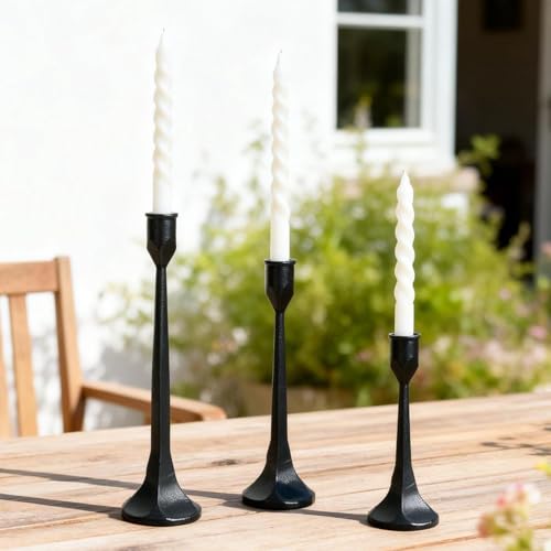 Black Iron Taper Pillar Candle Holders Set of 3, Candlestick Holders Rustic Vintage Decorations, Tall Candle Stand for Home Decor Mantle Dining Coffee Table Outdoor Wedding-11.8"+13.8"+15.4" - color: Black