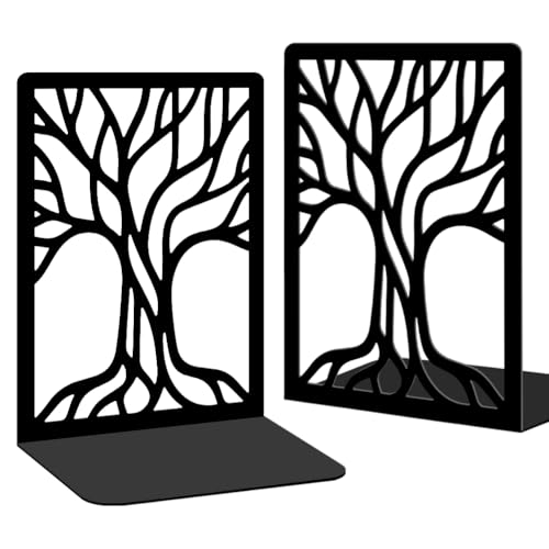2 Pcs Black Bookends, Sturdy Metal Bookends for Shelves Decorative Book Organizer with Unique Tree Design for Home Library Office Desk - style: Abstract Tree