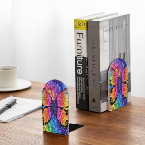 Decorative Bookends 2 Pcs Colorful Rainbow Butterfly Wood Bookends for Shelves Heavy Books Kids Non-Skid Book Ends Stoppers for Office Desk Kitchen School - color: Colorful Rainbow Butterfly