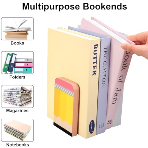 AnyDesign 6Pcs Back to School Wood Bookends Non Skid Book Stoppers Composition Notebook Pencil Crayon Apples Wooden Book Stands for Heavy Books Home Office School Library