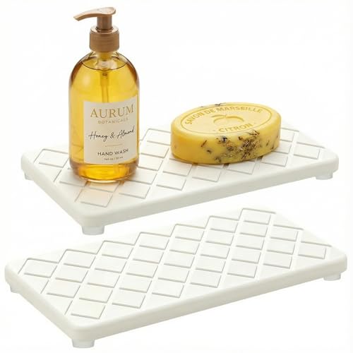 Small Fast Quick Dry Bathroom Counter Tray Water Absorbing Stone Trays for Sink Soap Dish Dispenser Sponge Holder Diatomite Stone Drying Mat for Kitchen Sink Tray White Bathroom Vanity Organizer Decor - color: White Quilted