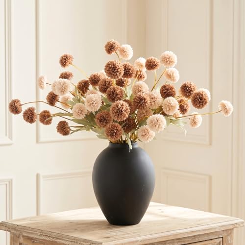Artificial Flowers with Vase for Home Decor - Faux Mum Flower Arrangement Centerpiece, 12 Stems Beige and Brown Silk Flowers in Black Iron Vase for Dining Table Living Room Office Bedroom - size: Beige/Brown in vase