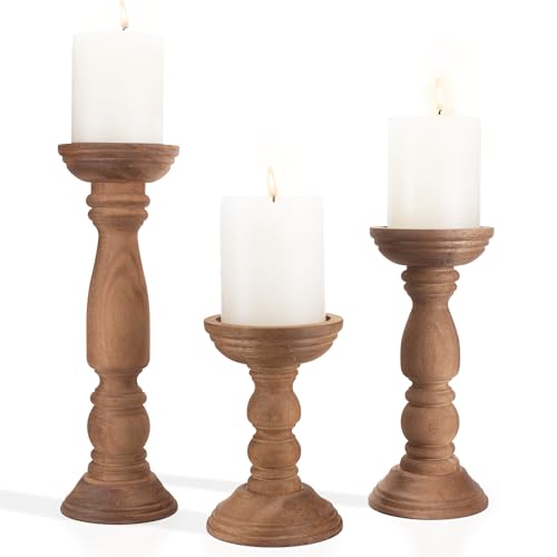 Farmhouse Wooden Candle Holders for Pillar Candles Set of 3, Rustic Wood Candle Holder Table Centerpiece Decor, 12'' 9'' 6'' Vintage Tall Candle Stand Decorative, Brown - color: Natural Brown