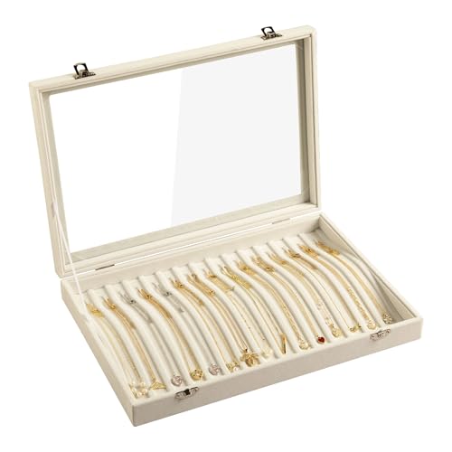 Frebeauty 15 Hooks Necklace Tray Velvet Neckalce Organizer with Clear Lid Lockable Necklace Holder Box Jewelry Organizer for Pendants Chains Necklace Jeweley Tray for Women Girls(Beige) - color: Beige