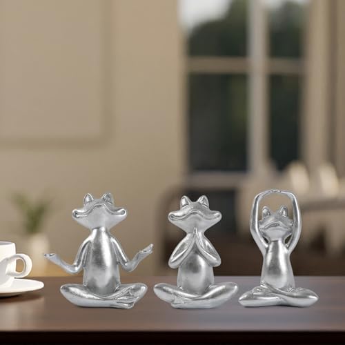 Suoedd Silver Frog Figurines Yoga Decor Set of 3 –Frog Yoga Statues for Modern Living Room Table Office Bookshelf Shelves Home Sculptures Decor, for Mom Dad Women - color: Silver Frog-3