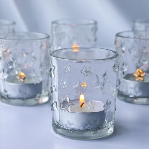 VOHO 24pcs Christmas Candle Holder for Votive Candles & Tea Lights Candles, Clear Votive Candle Holders Star Embossed Glass Decorative for Holiday Dining Table Centerpiece - color: Clear Stars