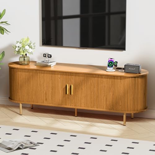 DHH 63 Inch Mid Century Modern TV Stand with Power Outlet for TVs up to 70 Inch, Entertainment Center with Storage and Adjustable Shelves, Media Console with Sliding Doors for Living Room(Yellow) - color: Yellow Walnut, size: 63 Inch