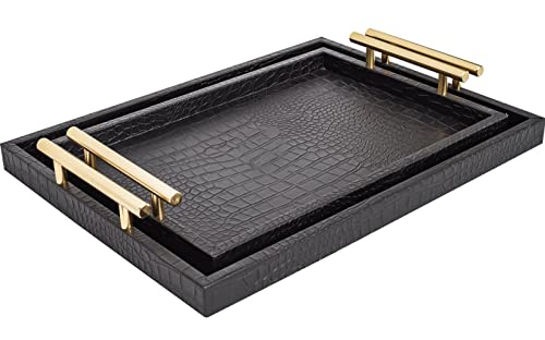 Set of 2 Modern Elegant Large Wood Serving Tray, Rectangle Decorative Tray Ottoman Tay Coffee Table Tray, Black Crocodile Leather with Gold Polished Metal Handles - style: Black Crocodile Tray