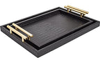 Set of 2 Modern Elegant Large Wood Serving Tray, Rectangle Decorative Tray Ottoman Tay Coffee Table Tray, Black Crocodile Leather with Gold Polished Metal Handles - style: Black Crocodile Tray
