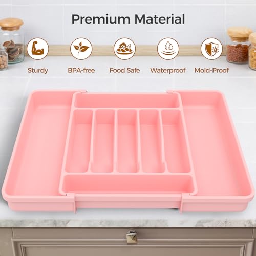 ukeetap Extra Large Expandable Silverware Organizer, BPA-Free Food-Safe Cutlery Flatware Organizer, Kitchen Utensil Drawer Organizer, Adjustable Silverware Holder for Spoons Forks Knives, Pink - color: Pink