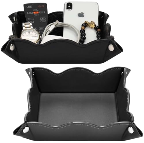 Valet Tray for Men Women 2 Pack - PU Leather Travel Catchall Tray Organizer - Desk Bedside Nightstand Storage Box for Jewelry Key Phone Remote Controller Wallet Watch Glasses Readers -Black - color: Black