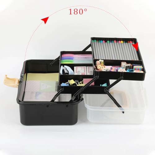 BTSKY 3-Layer Plastic Dividing Storage Box Craft Organizer with Adjustable Spacers Portable Handled Art Supply Organizer Multipurpose Home Utility Box for Sewing (Black+Beige) - color: Black+Beige