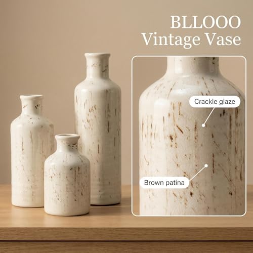 Vintage Ceramic Flower Vase Set of 3, Rustic Farmhouse Vase for Home Decor, Distressed Decorative Vase for Table Entryway Mantel Centerpiece Living Room Bathroom Bedroom (Cream Stripe) - color: 113-cream Stripe