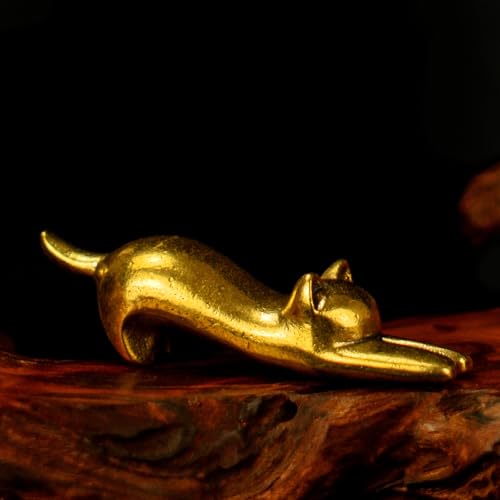 CHOVY 100% Solid Brass Stretching Cat Sculpture - Retro Desktop Decor Collectible Figurine for Office & Home Minimalist Art Deco Curio Vintage Stretching Feline Statue - color: Simple Cat