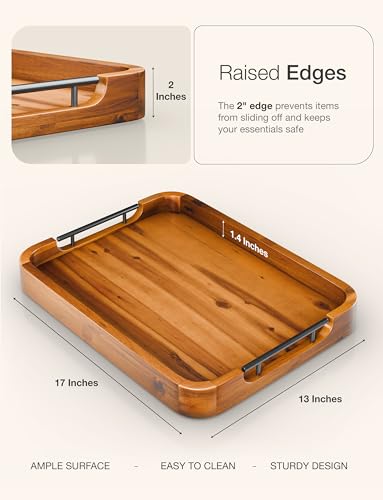 TIDITA Ottoman Tray for Living Room – 17"x13" Rectangle Serving Tray with Handles – Wooden Tray for Coffee Table, Living Room, Breakfast in Bed – Decorative Trays for Ottoman or Couch (Acacia Wood) - color: Acacia Color, size: 17" x 13" x 2"