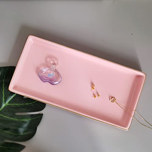 10 x 5 Ceramic Bathroom Tray for Countertop, Decorative Vanity Tray for Dresser Tops, Small Rectangular Trays for Perfume, Candle, Jewelry, Cosmetics (Pink) - color: Pink