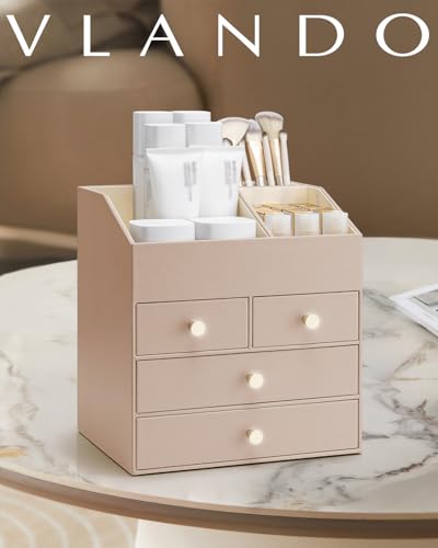 Vlando Makeup Organizer Countertop,Large Vanity Organizer PU Leather Make up Storage with 4 Drawers Skin care Organizer Cosmetic Display Case for Lipstick,Brushes,Bedroom-Toffee - color: 4 layers-Toffee