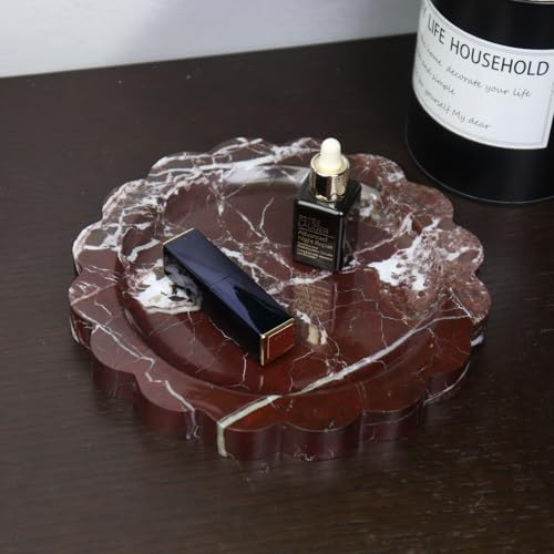 Round Marble Decorative Tray with Scalloped Edge, Luxury Natural Stone Bathroom Vanity Tray, Dresser Top Perfume Coffee Home Kitchen Sink Tray, Key Trinket Ring - color: Rosso Lepanto