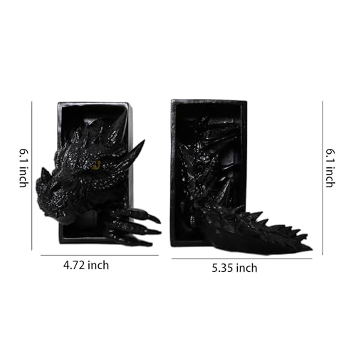 Dragon Bookends, Black Fantasy Book Nook Insert, Gothic Library Decor, Decorative Dragon Shelf Display