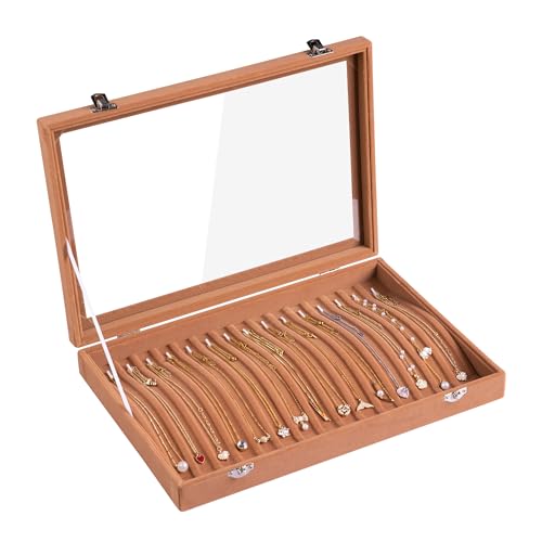 Frebeauty 15 Hooks Necklace Tray Velvet Neckalce Organizer with Clear Lid Lockable Necklace Holder Box Jewelry Organizer for Pendants Chains Necklace Jeweley Tray for Women Girl (Camel) - color: Camel