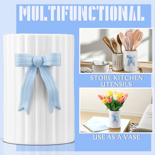 LemonRoad Blue Bow Ceramic Utensil Holder 3D Coquette Cooking Utensil Crock with Scalloped Mothers Day Kitchen Gifts Girly Aesthetic Storage Caddy Organizer Vase Decor for Kitchen Housewarming Gift - color: Blue, style: Bow