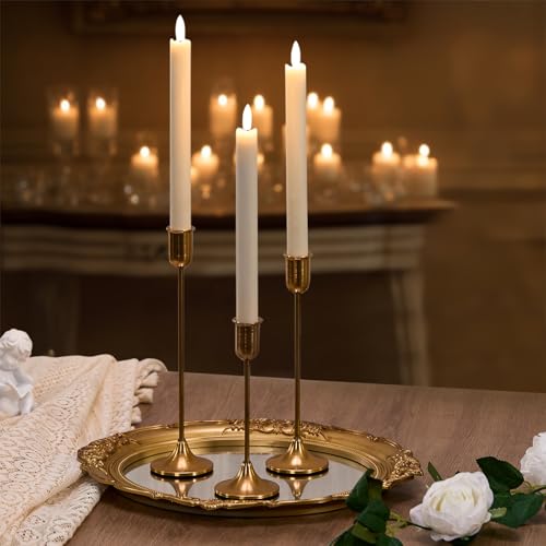 Candlestick Holders, Gold Metal Taper Candle Holders Set of 3, Handmade Heavy Base Brass Vintage Modern Decorative Table Centerpiece for Candlelight Dinner, Fireplace Mantel Wedding Housewarming Décor - color: Brass Gold
