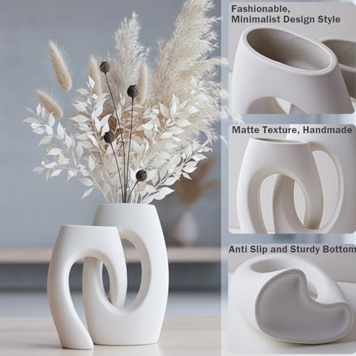 Ceramic Vase Set of 2 by DecoVlog, White Hollow Living Room Decor Vase, Minimalist Decorative Modern Boho Vase for Table Centerpiece Wedding Dining Living Room Office House Decoration - color: White