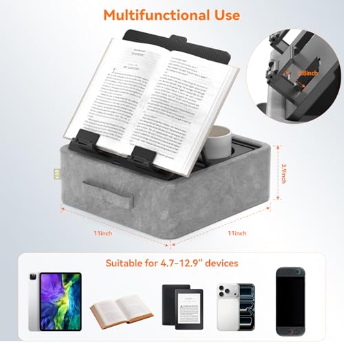KDD 5 in 1 Tablet Pillow Holder, Foldable Book Stand for Reading with Storage Tray, Pen Slot and 2 Cup Holders, Adjustable iPad Stand for Lap, Bed, Desk and Couch Compatible with Tablet and Book