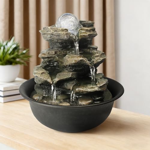 Spinning Orb Rock Cascading Tabletop Fountain, Zen Meditation Indoor Waterfall Feature with LED Light for Home Office Bedroom Relaxation - color: 8 3/10"