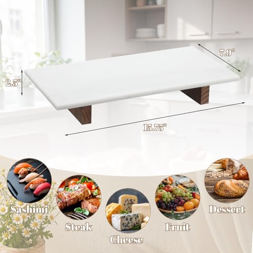 Marble Charcuterie Board Display White Cheese Cutting Footed Stand Tray with Wooden Feet 15.75"L x 8" W x 2.5" H for Vanity, Kitchen and Serving, or as a Gatherings Elegant Cheese Board Gift