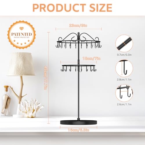 iDavosic.ly 2 Tier Rotating Necklace Organizer with Jewelry Tray, Adjustable Metal Necklace Holder with 42 Hooks, Extra Tall Bracelet Keychain Spinning Display Stand Tree Tower for Women, Black - color: Black with Tray