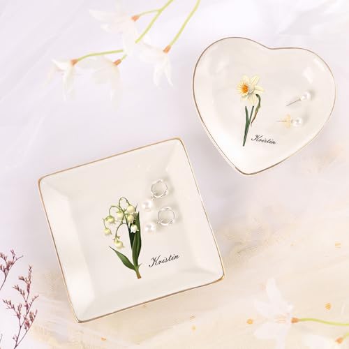 Personalized Birthday Flower Jewelry Tray - Custom Ring Holder Dish with Name for Women Mom Engraved Birth Month Flower Jewelry Tray Gifts for Wife Her Christmas Birthday Anniversary - color: Style 2