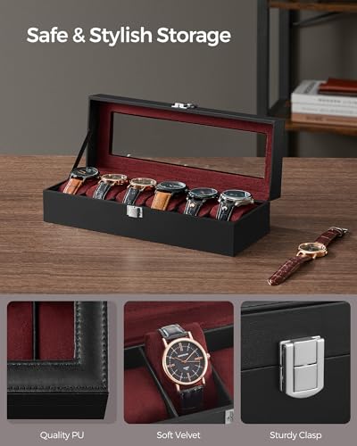 SONGMICS Watch Box, 6-Slot Watch Case Organizer with Large Glass Lid, Removable Pillows, Gift for Loved Ones, Black Synthetic Leather, Wine Red Lining UJWB006R01 - color: Black + Wine Red, size: 6 Slot