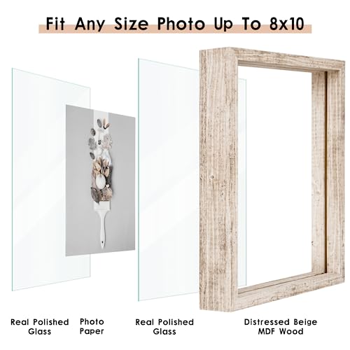 MUYE 8x10 Floating Frame Distressed Beige White Wood Pattern,Double Glass Picture Frame Set of 2 Display Any Size Photo up to 8x10,Wall Mount or Tabletop Stand - color: Beige, size: 8x10