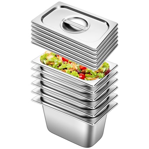 Hotel Pan With Lids 6 Pack 1/4 Size 6" Deep Stainless Steel Steam Table Pan, Commercial Food Pans for Catering Buffet Chafing Dish Pans Metal Steam Tray (1/4 Size x 6 Inch Deep, 6 Pack) - color: 1/4 Size, size: 6" Deep