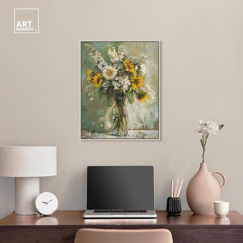 Art Remedy Sunflowers In A Glass Vase Canvas Vintage Farmhouse Wall Art, Silver Frame, 20" x 24" - color: Silver Frame, size: 25"L x 21"W
