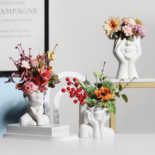 BrownLove Ceramic Face Vase White Flower for Decor Female Form Art Vase Modern Decorative Centerpiece for Table Shelf Living Room Office Bedroom - style: Hands on Cheeks