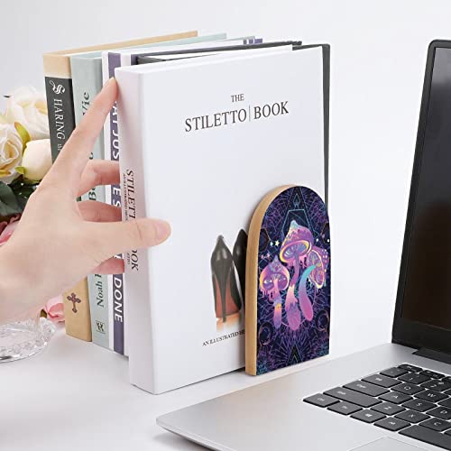 Magic Mushrooms Psychedelic Art Pattern Wood Bookends Decorative Bookend Non-Skid Office Book Stand for Books Office Files Magazine, Wood-style, One Size