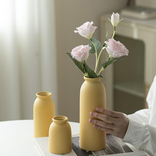 Ceramic Vase Set-3, Small Flower Vases for Decor, Modern Boho Farmhouse Style, Decorative Vases for Pampas Grass & Dried Flowers, Distressed Finish (Yellow) - color: Yellow