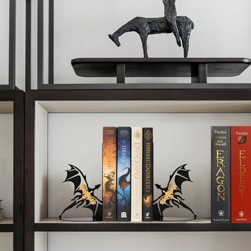 Metal Dragon Bookends Stoppers Holder Stand for Desk Shelf Cool Dragon Bookends Decorative, Fantasy Dragon Bookends for Bookshelf Decor Dragon Lovers - color: Gold