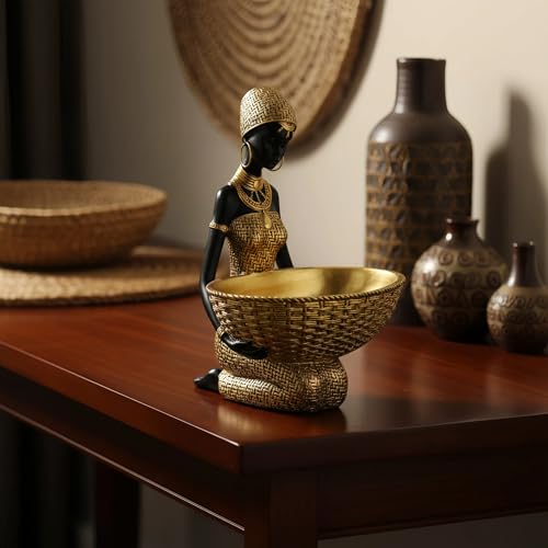 Lescafita Handmade African Seated Woman Sculpture - Gold Tribal Figure Holding Basket, Resin Home Decor for Shelf/Table, Unique Cultural Gift (9" H) - color: 301-gold