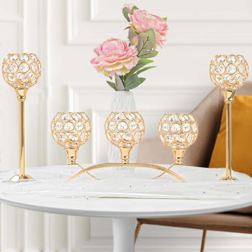 Crystal Tealight Candle Holder Centerpiece Home Decorative Candlestick Holder Elegant Table Centerpiece Home Decor Wedding Party Anniversary (Gold, Set of 3) - color: Gold, size: 3 Pieces