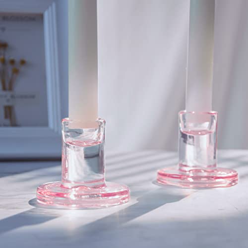 12PCS Pale Pink Taper Candle Holders, Glass Crystal Candlestick Holders Bulk, Clear Candle Holders for Dining Table Centerpiece，More Suitable for Weddings - color: Pink 12pcs